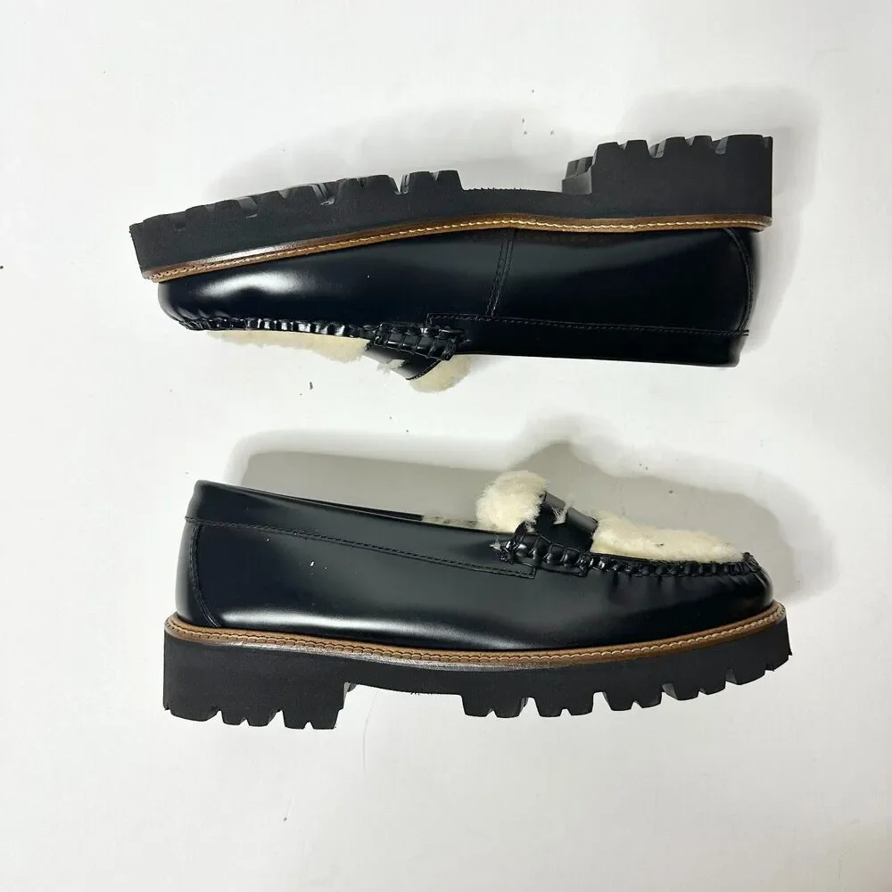 GH BASS Loafer Women 5.5 Black Leather Shearling Whitney Cozy Weejun Lug NEW